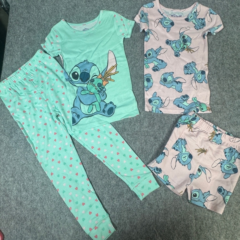 Disney Lilo & Stitch Girls 4 Piece Pajama Set Size 5 Mint Pink Cotton Snug Fit